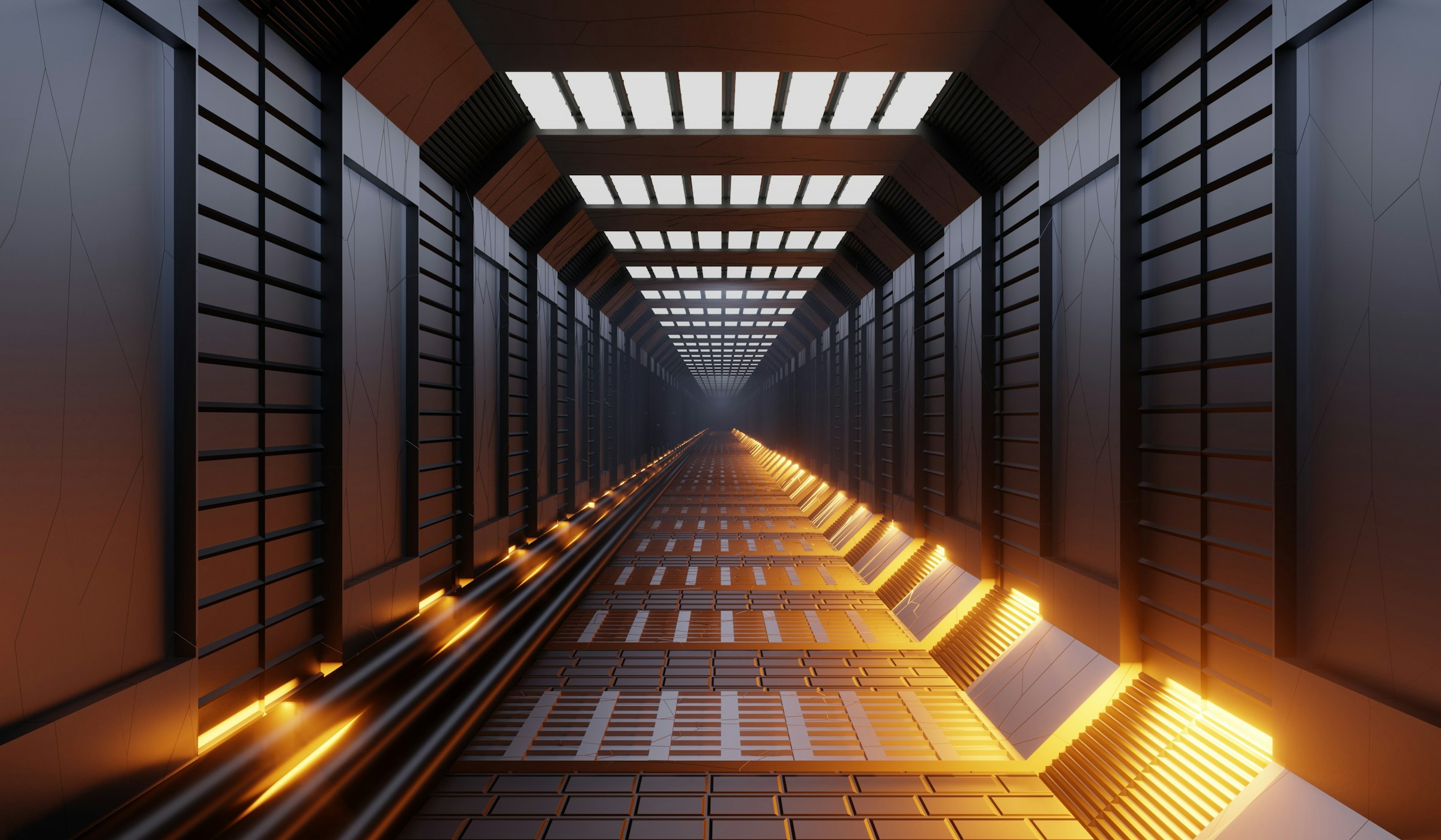 Golden futuristic corridor with glowing skylights