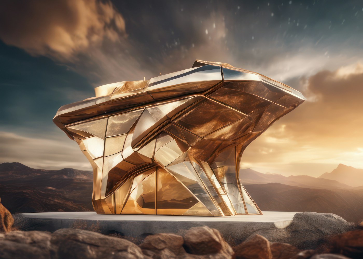 Golden futuristic pavilion in a desert landscape